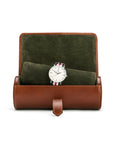 Large leather watch roll, dark tan, open