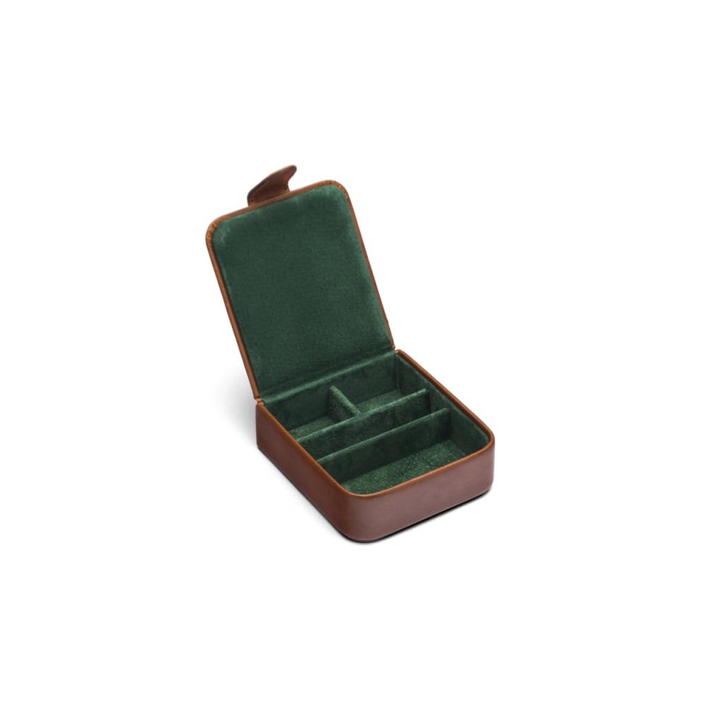 Leather accessory box, dark tan, open