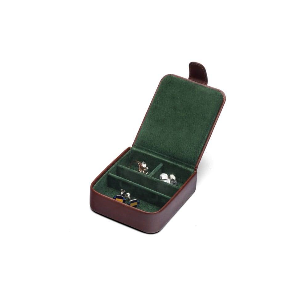 Leather accessory box, dark tan, open