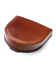 Leather horseshoe coin purse, dark tan with green, front