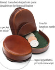 Leather horseshoe coin purse, dark tan with green, features