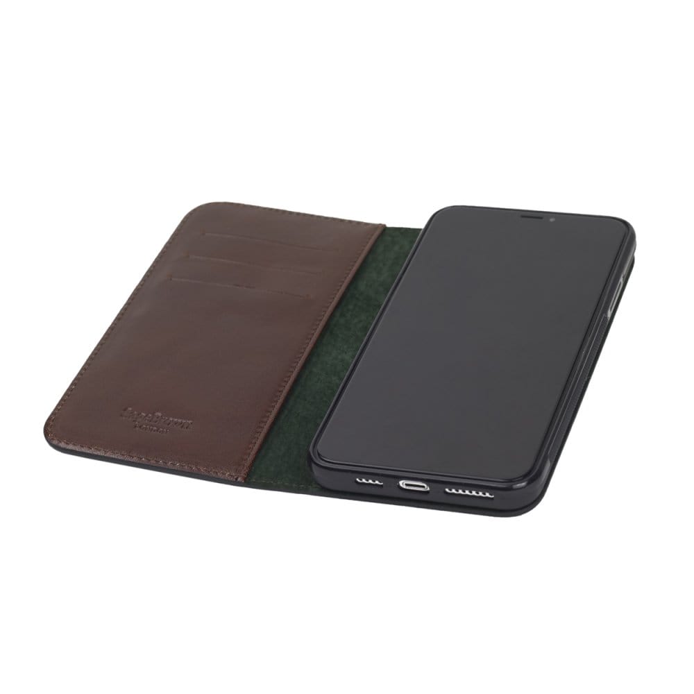 Leather iPhone 11 Pro Max wallet case, dark tan, inside