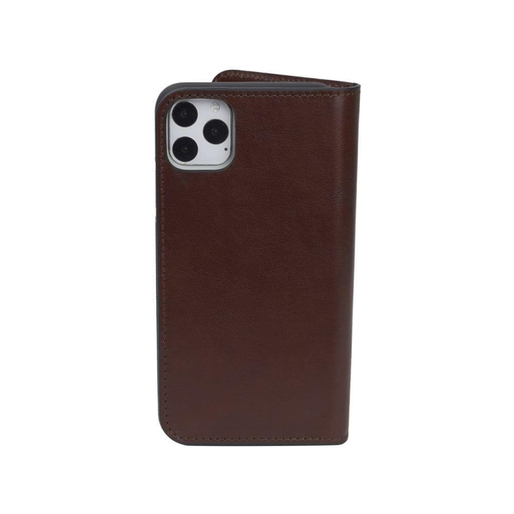 Leather iPhone 11 Pro Max wallet case, dark tan, back