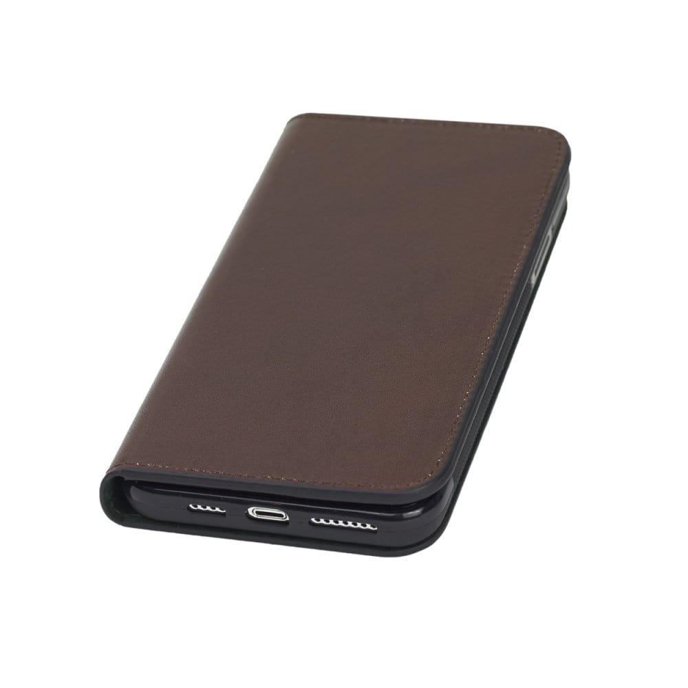 Leather iPhone 11 Pro Max wallet case, dark tan, front