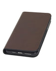 Leather iPhone 11 Pro Max wallet case, dark tan, front