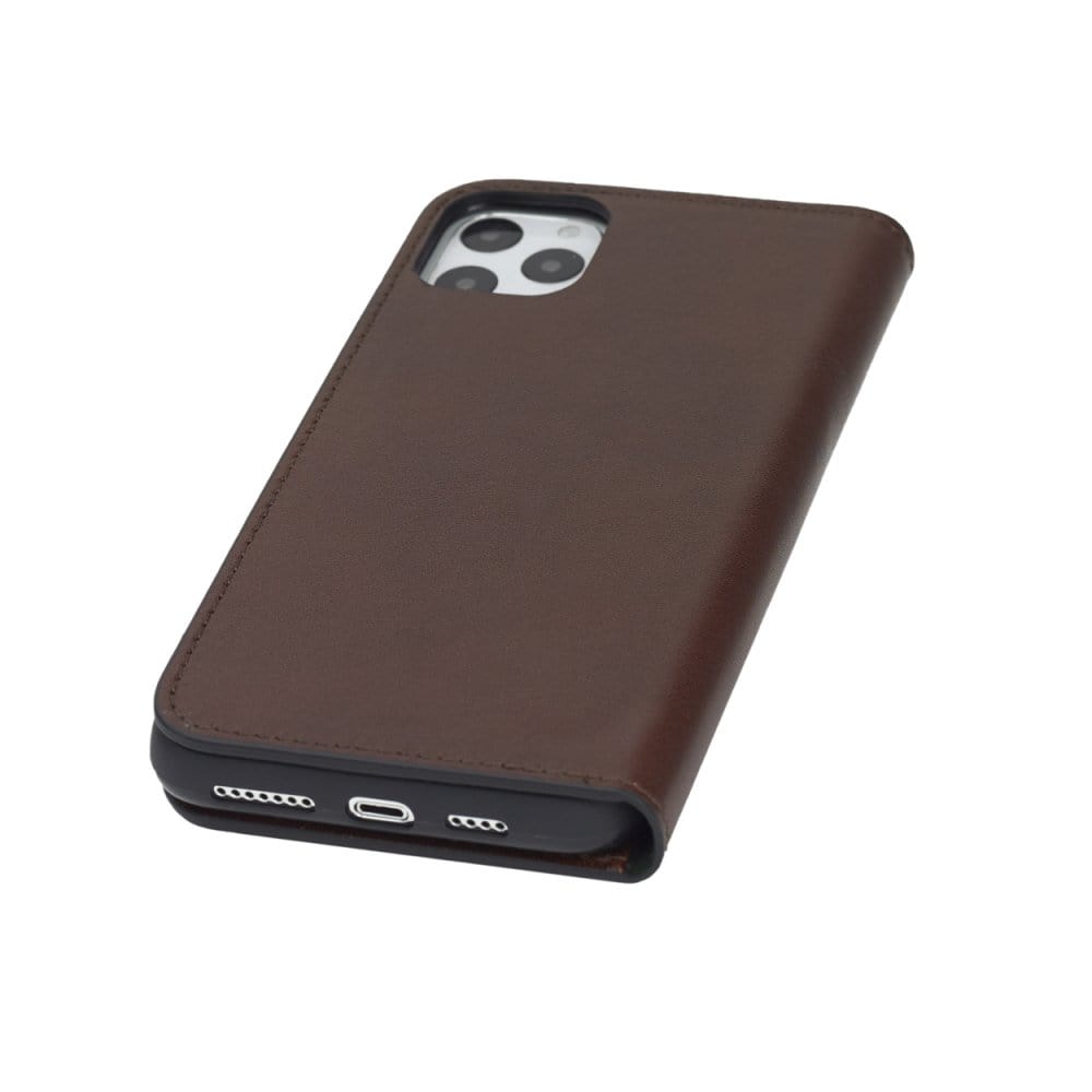 Leather iPhone 11 Pro Max wallet case, dark tan, base