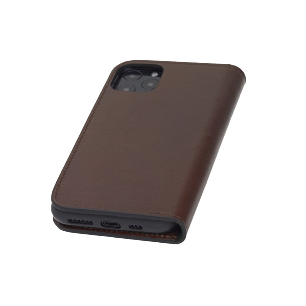 Leather iPhone 11 Pro wallet case, dark tan, back