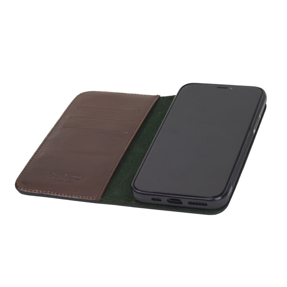 Leather iPhone 11 Pro wallet case, dark tan, open