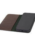 Leather iPhone 11 Pro wallet case, dark tan, open