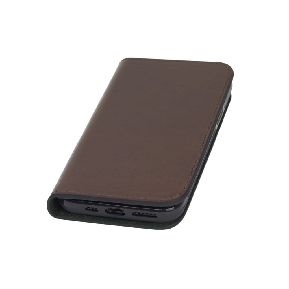 Leather iPhone 11 Pro wallet case, dark tan, front