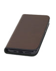 Leather iPhone 11 Pro wallet case, dark tan, front