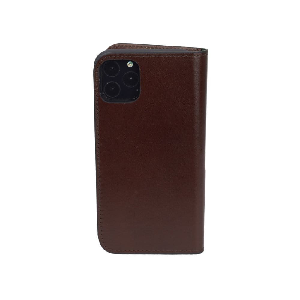 Leather iPhone 11 Pro wallet case, dark tan, reverse