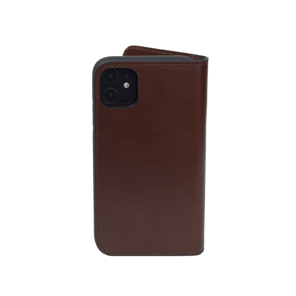 Leather iPhone 11 wallet case , dark tan, back