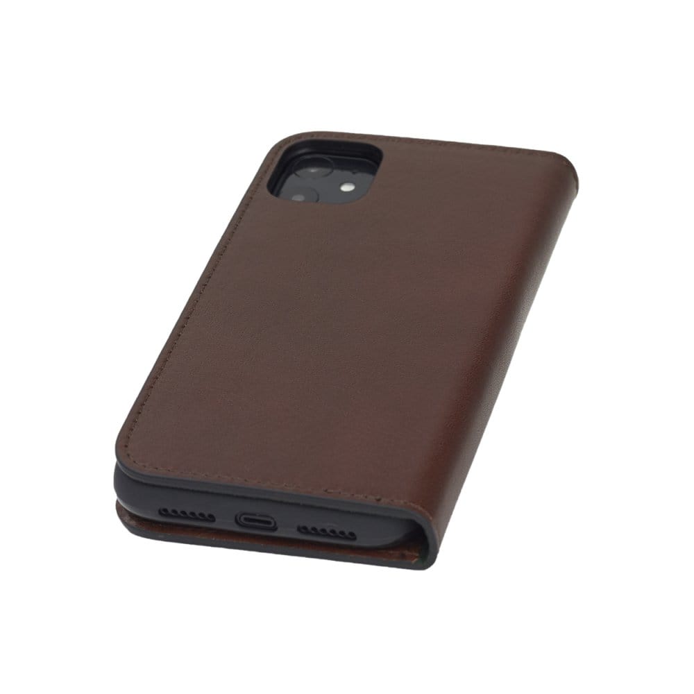 Leather iPhone 11 wallet case , dark tan, reverse