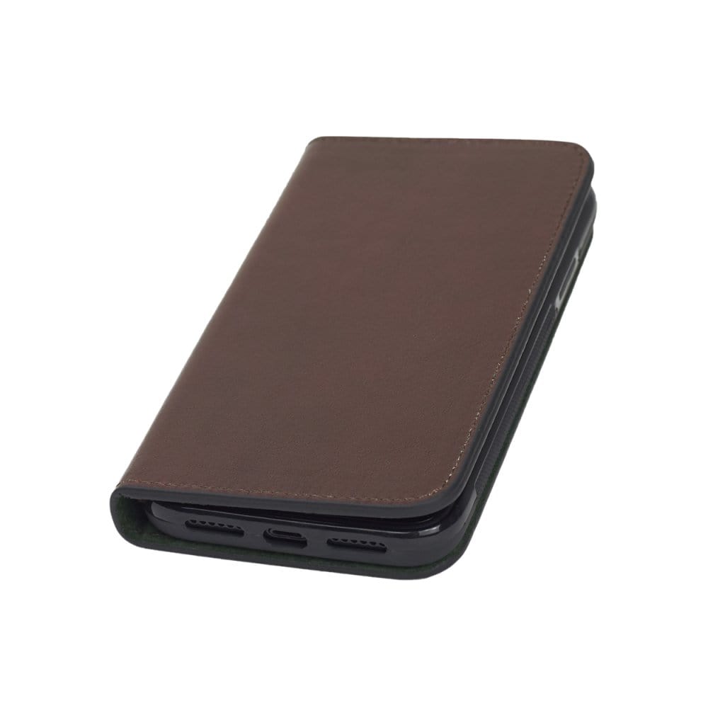 Leather iPhone 11 wallet case , dark tan, front