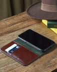 Leather iPhone 11 wallet case , dark tan, lifestyle