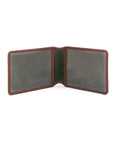 Leather Oyster card holder, dark tan with green, open