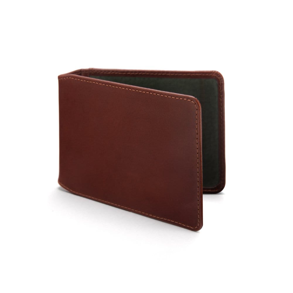 Leather Oyster card holder, dark tan with green, front