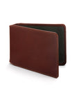 Leather Oyster card holder, dark tan with green, front