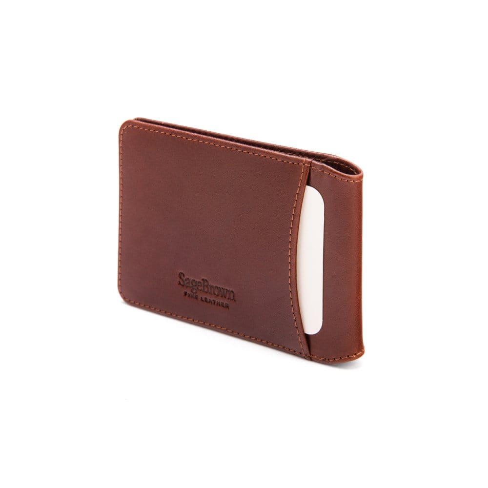Leather Oyster card holder, dark tan with green, back