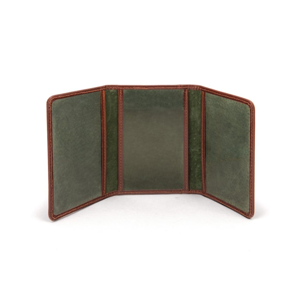Leather tri-fold travel card holder, dark tan with green, open