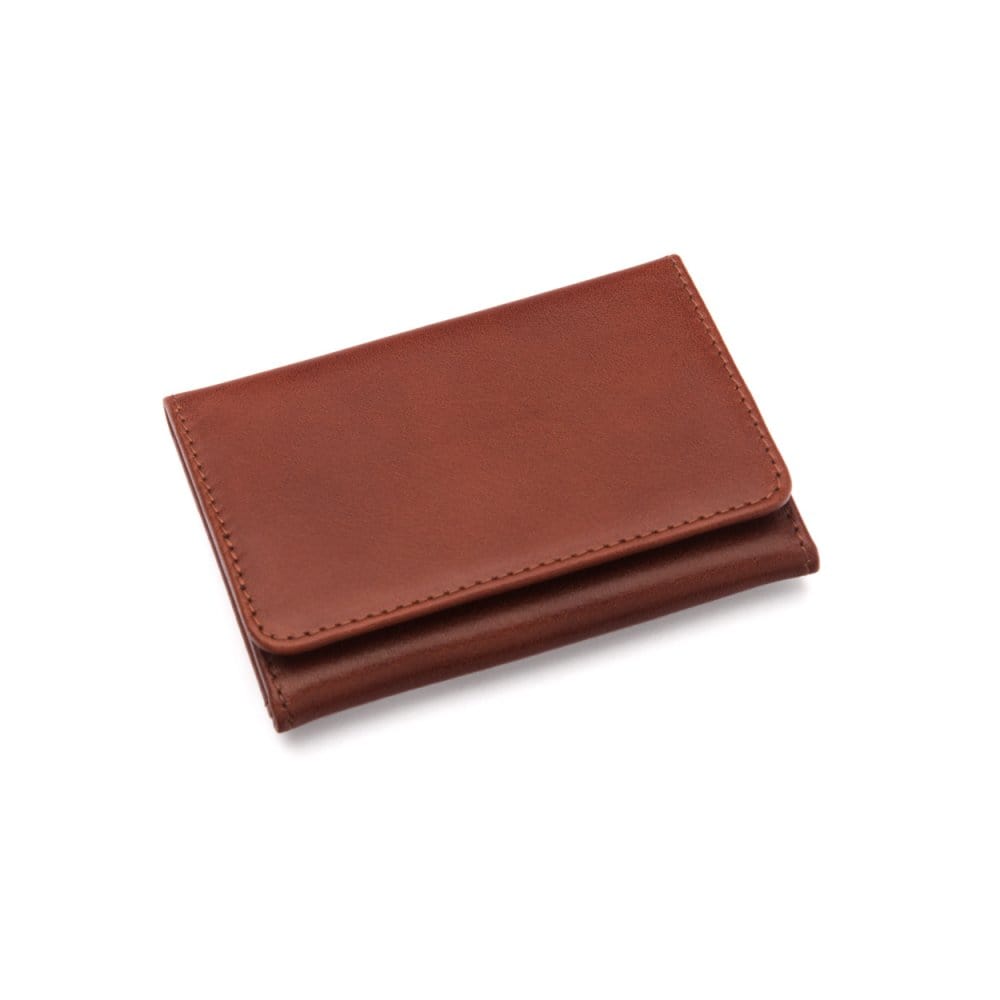 Leather tri-fold travel card holder, dark tan with green, front