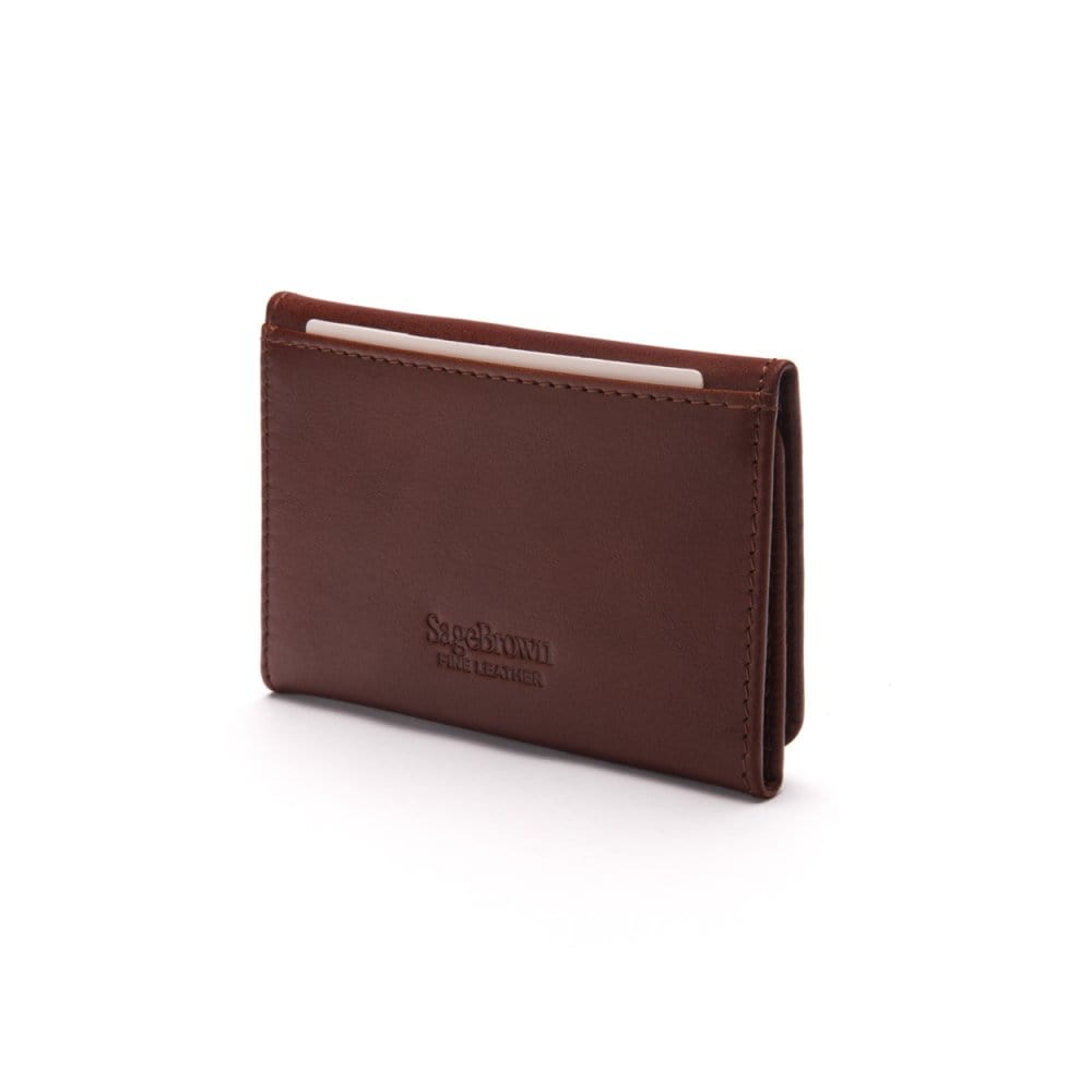 Leather tri-fold travel card holder, dark tan with green, back