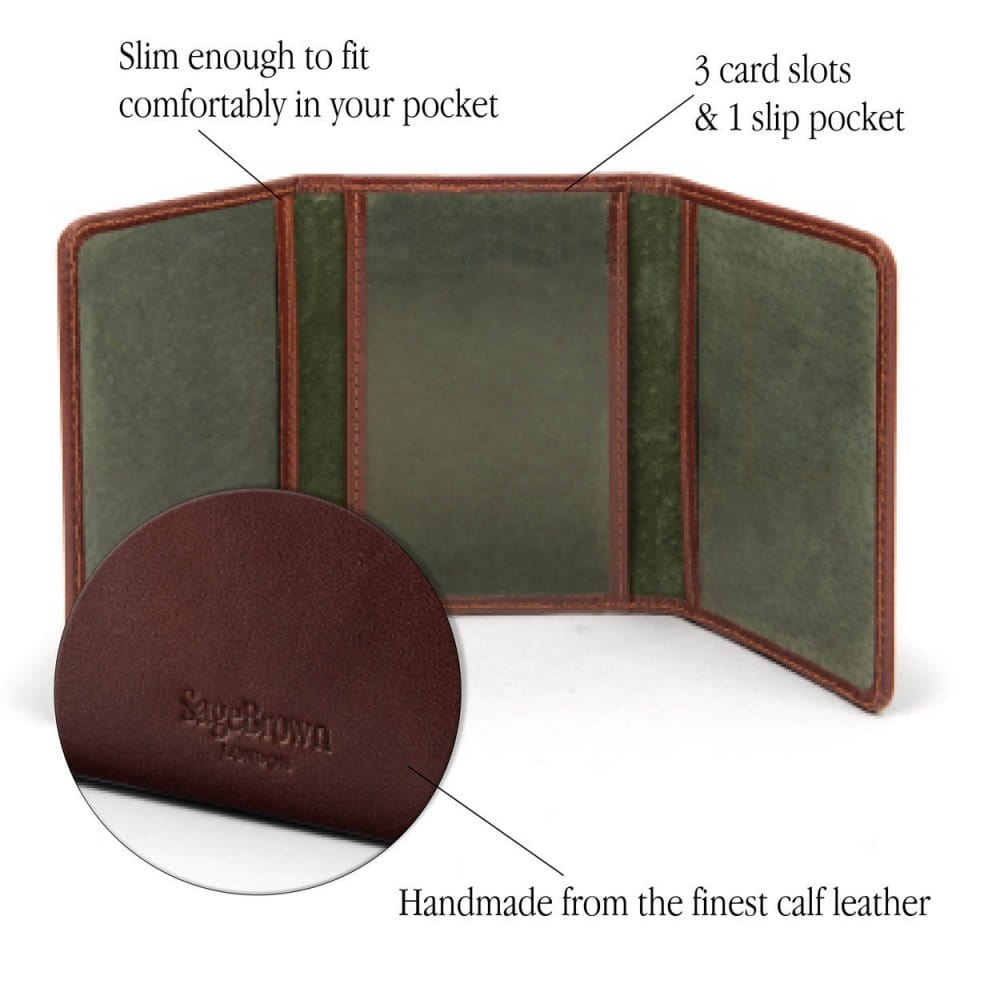 Leather tri-fold travel card holder, dark tan with green, features