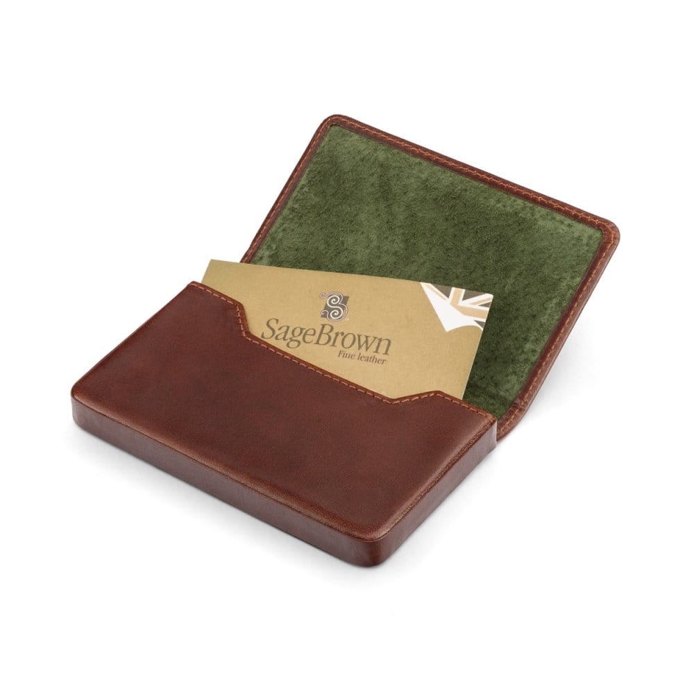 Leather business card holder with magnetic closure, dark tan with green, inside
