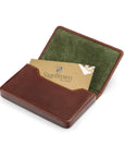 Leather business card holder with magnetic closure, dark tan with green, inside