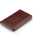 Leather business card holder with magnetic closure, dark tan with green, side