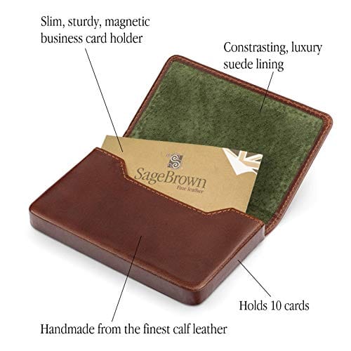 Leather business card holder with magnetic closure, dark tan with green, features
