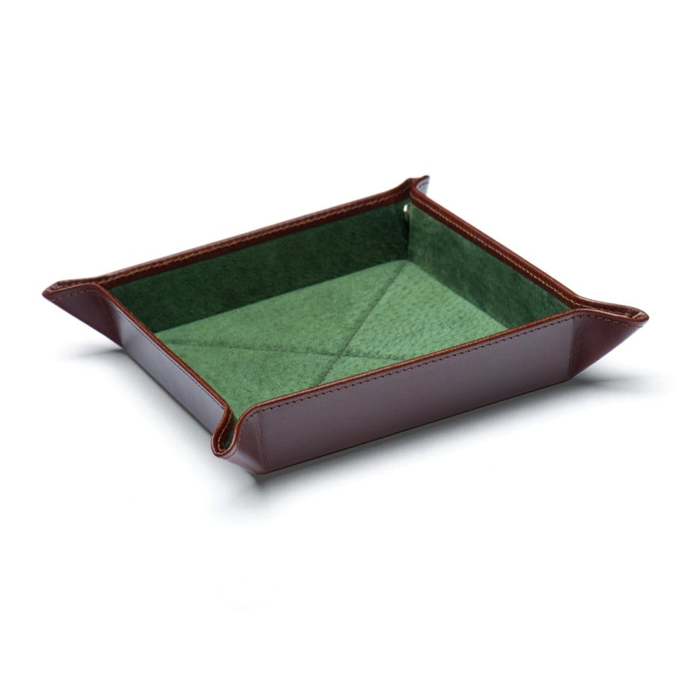 Leather valet tray, dark tan with green