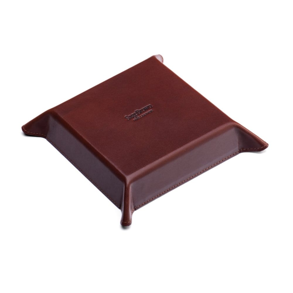 Leather valet tray, dark tan with green, base