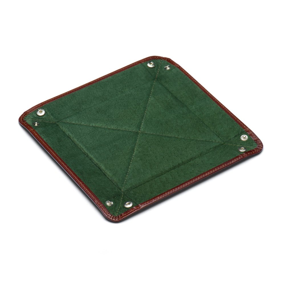 Leather valet tray, dark tan with green, flat
