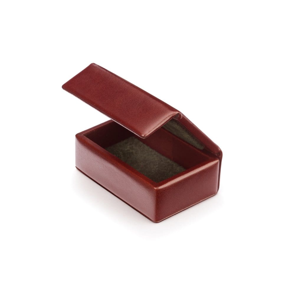 Mini leather accessory box, dark tan, open
