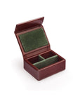 Small leather accessory box, dark tan with green, inside