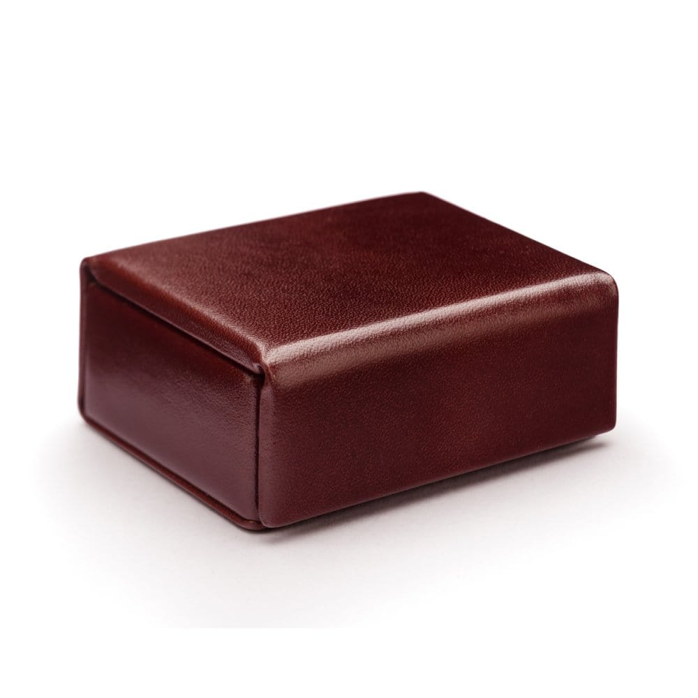 Small leather accessory box, dark tan with green, front