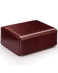 Small leather accessory box, dark tan with green, front