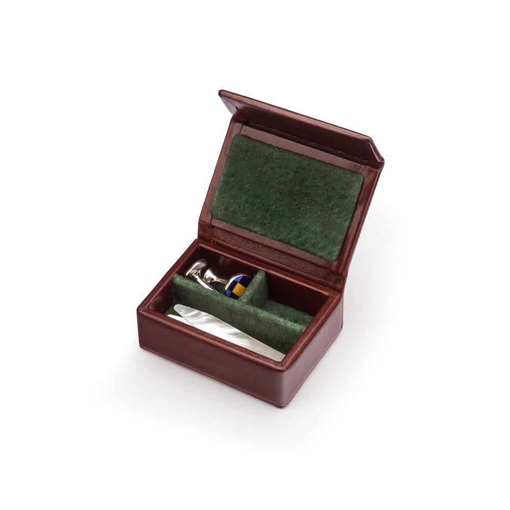 Small leather accessory box, dark tan with green, open