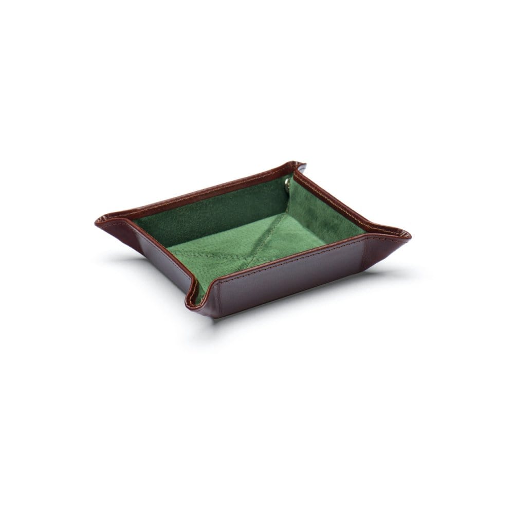 Small leather valet tray, dark tan with green, front