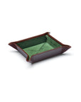 Small leather valet tray, dark tan with green, front