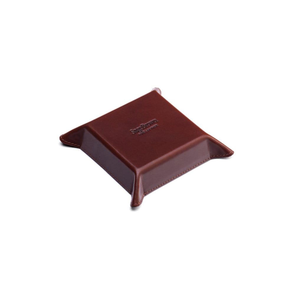 Small leather valet tray, dark tan with green, back