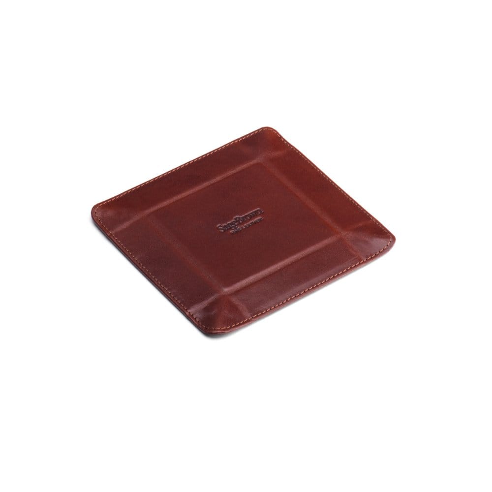 Small leather valet tray, dark tan with green, reverse