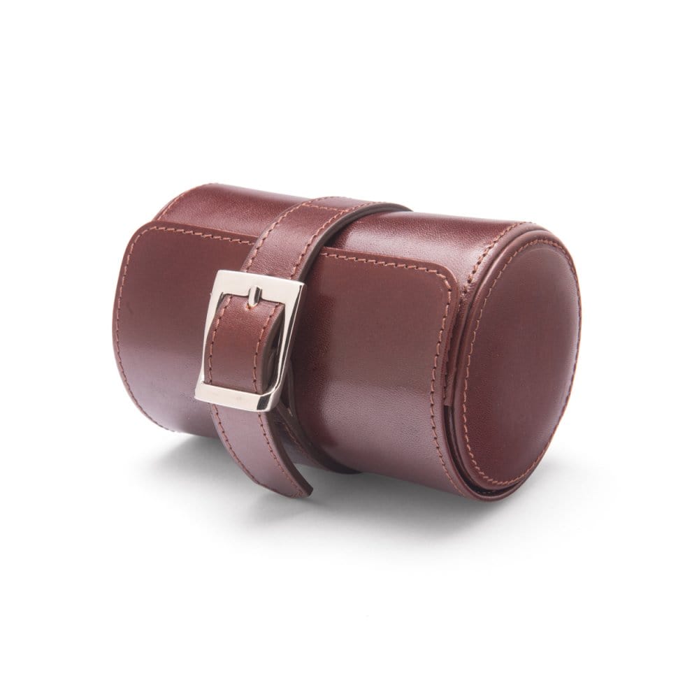 Small leather watch roll, dark tan, front