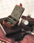 Small leather watch roll, dark tan, lifestyle