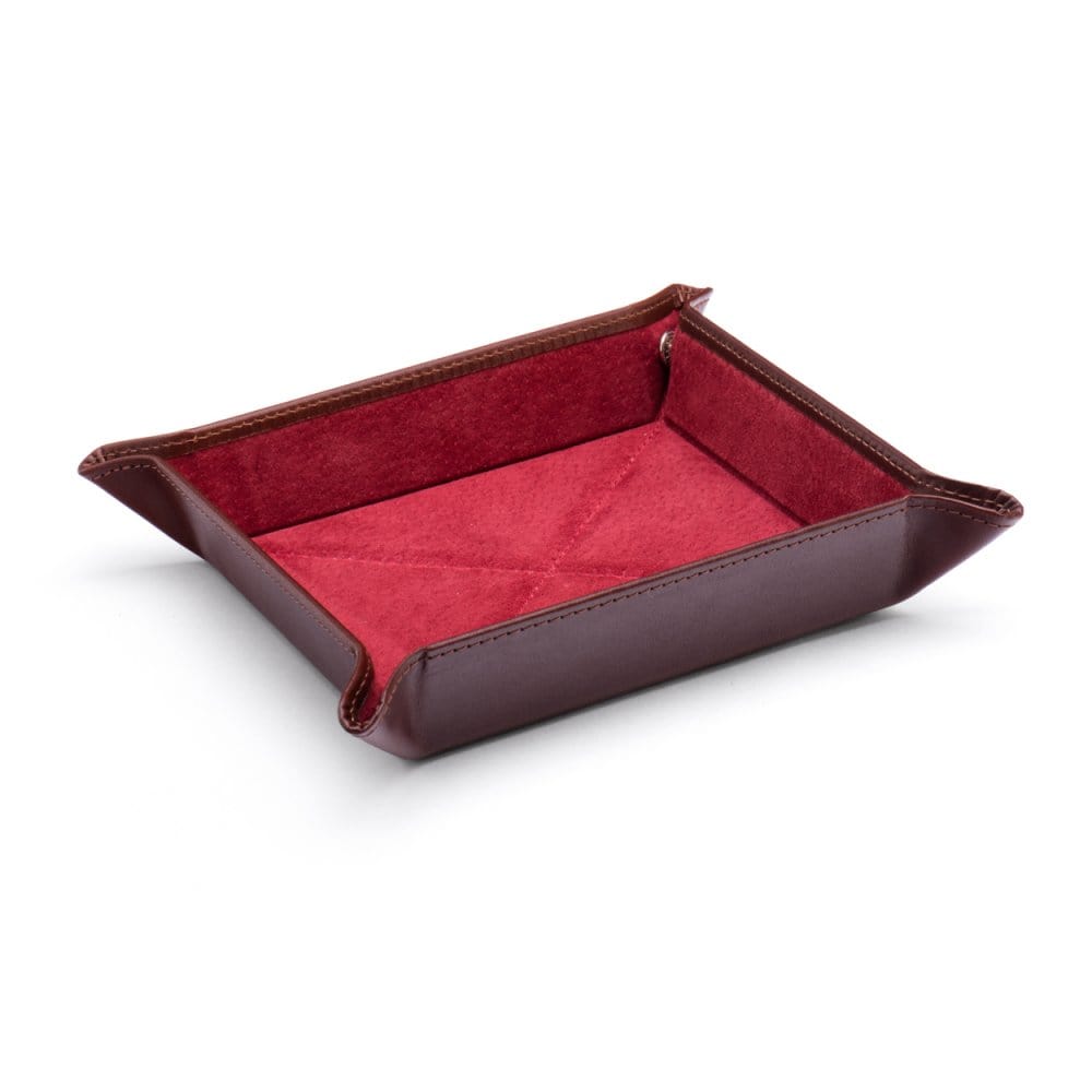 Leather valet tray, dark tan with red
