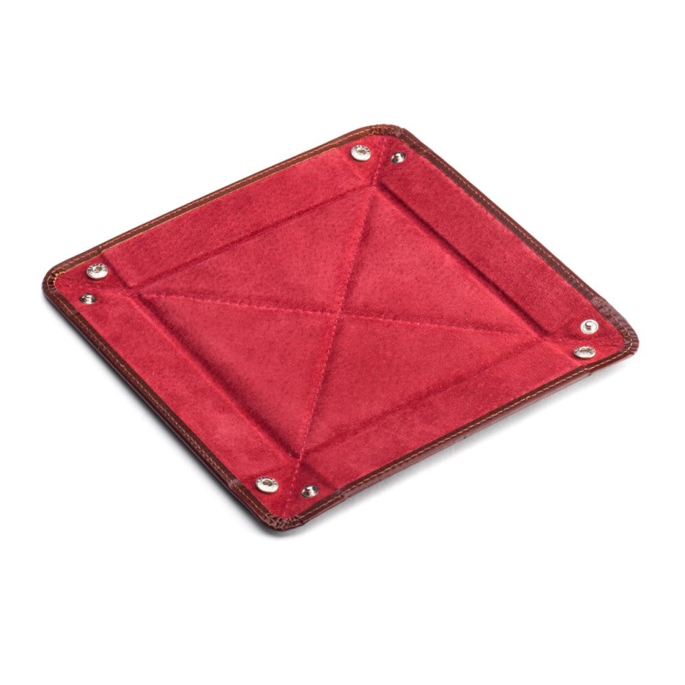 Leather valet tray, dark tan with red, flat