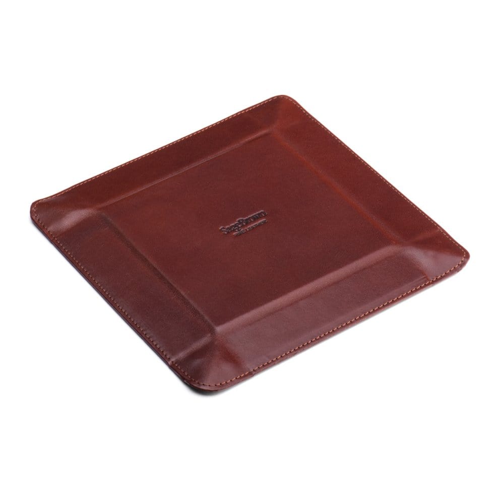 Leather valet tray, dark tan with red, flat base