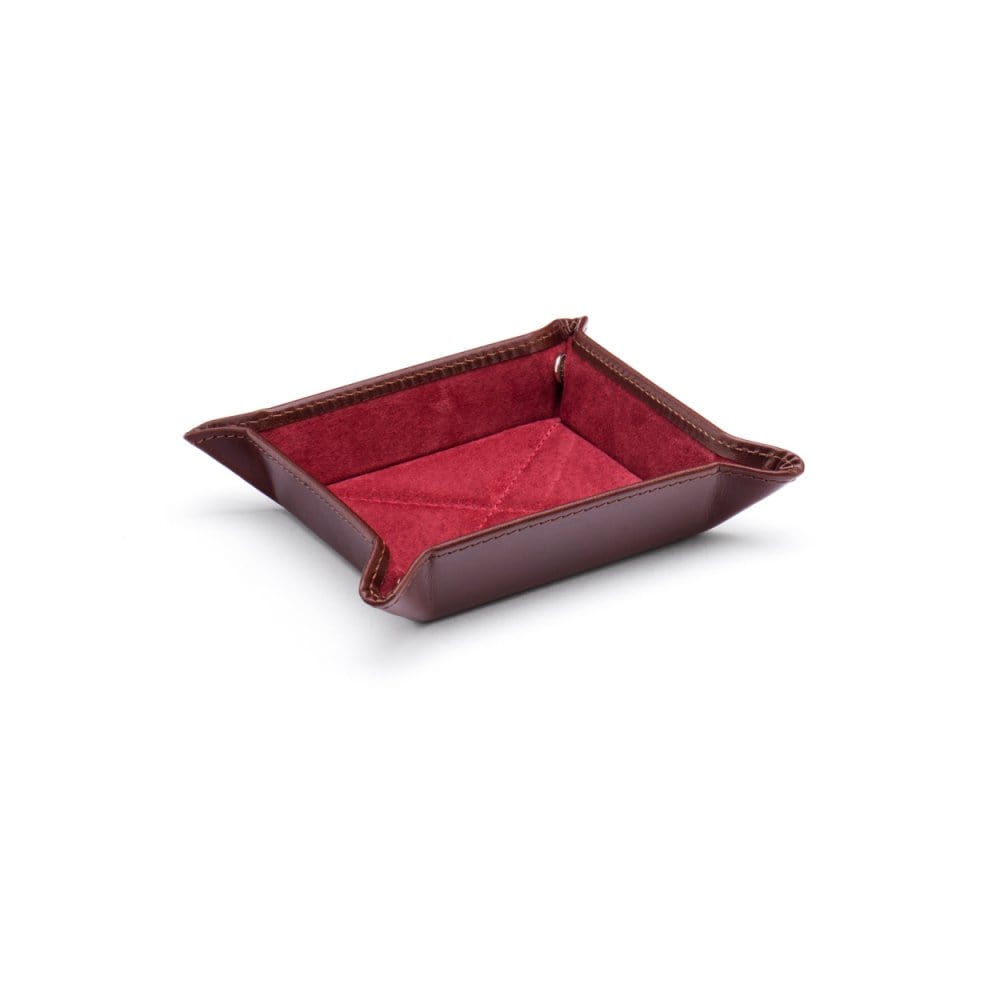 Small leather valet tray, dark tan with red, front